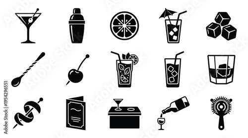 A collection of black and white icons representing various bar tools, cocktails, and ingredients, perfect for illustrating beverage-related content.