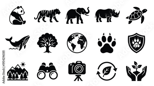 Collection of black and white icons representing wildlife, nature, conservation, and outdoor activities.