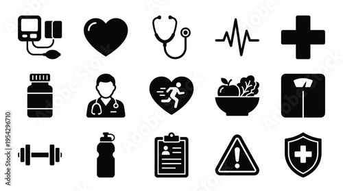 A collection of black and white icons representing various aspects of health, fitness, and medical care, including a doctor, heart, stethoscope, and exercise equipment.