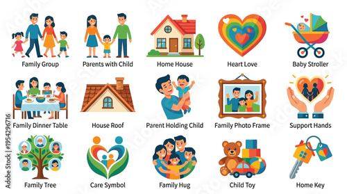 A collection of 15 diverse icons representing family, home, and love, including family groups, houses, a baby stroller, and a family tree.