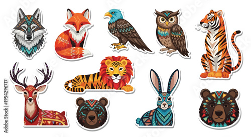 Tribal animal spirit sticker set, 9 animals with thick white outline border (wolf, fox, owl, eagle, tiger, lion, deer, bear, rabbit), vibrant colors, playful tribal patterns, flat vector, sticker-read
