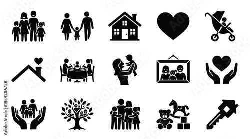 A collection of black and white icons representing family, home, love, and care, suitable for various design and informational purposes.