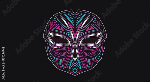 Abstract tribal mask vector, retro-futuristic neon style, symmetrical mask with sharp geometric tribal patterns, glowing neon gradient (magenta, cyan, electric blue) on dark background, chrome accents