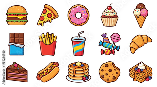 A vibrant collection of delicious and tempting fast food and dessert items, perfect for culinary themes.