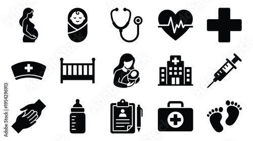 A collection of black and white icons representing healthcare, pregnancy, childbirth, and infant care, including a pregnant woman, baby, stethoscope, hospital, and medical symbols.
