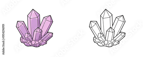 Quartz crystal cluster vector illustrations shown in colored cartoon and black outline linear styles, pink purple and white hues, isolated graphic objects for design