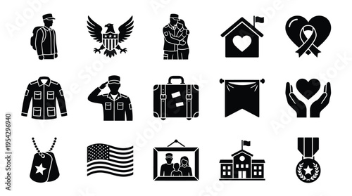 Collection of black and white vector icons representing military service, patriotism, and family support.