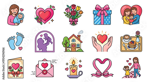 Collection of heartwarming icons celebrating motherhood, family, love, and home, featuring mothers with babies, hearts, gifts, flowers, and cozy scenes.