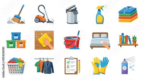 A collection of icons representing various household cleaning and organization tasks, including sweeping, vacuuming, laundry, and tidying.