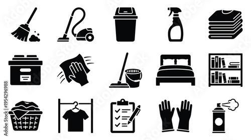 A collection of black and white icons representing various household cleaning and organization tasks and tools.
