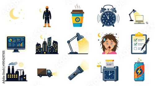 Collection of icons representing night shift work, including a worker, city skyline, office, factory, and symbols of fatigue and energy.