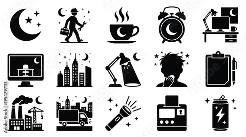 Collection of black and white icons representing night work, office life, and urban environments.