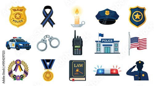 Collection of police-related icons including badges, a police car, handcuffs, a police station, and a saluting officer.