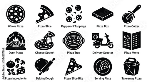 Collection of black and white icons representing various aspects of pizza making, serving, and delivery, including whole pizzas, slices, ingredients, oven, box, and scooter.