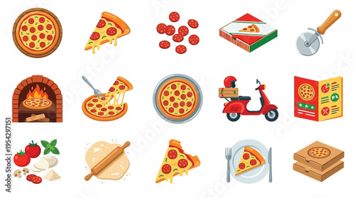 A vibrant collection of pizza-themed illustrations, showcasing ingredients, preparation, and delivery, perfect for culinary or food service themes.