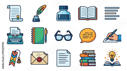 A collection of writing and reading related icons, including a quill, inkwell, typewriter, books, and documents.