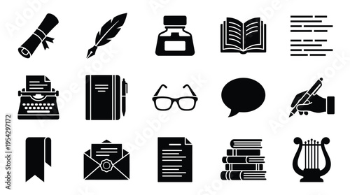 A collection of black and white icons representing writing, literature, and communication, including a scroll, quill, inkwell, open book, typewriter, glasses, speech bubble, and lyre.