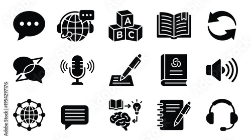 A collection of 15 black and white icons representing various aspects of communication, education, and learning, displayed in a grid.