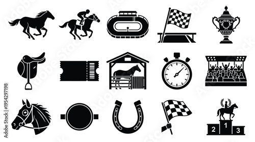 Collection of black and white icons representing various elements of horse racing, including horses, jockeys, a racetrack, a trophy, and racing equipment.