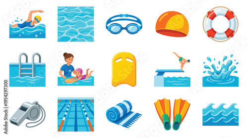A vibrant collection of swimming-related icons, depicting various aspects of aquatic activities and pool safety.