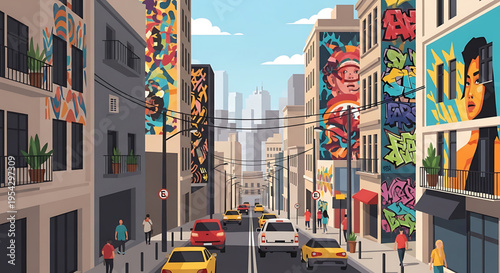 A vibrant city street scene with colorful graffiti and murals on buildings, showcasing urban art and culture in a bustling metropolis.
