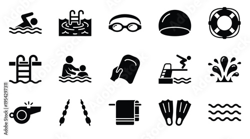 Collection of black and white icons representing various swimming and water-related activities and equipment.