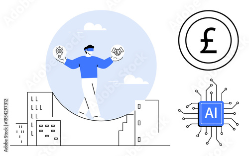 Financial technology, AI innovation, virtual reality, decision-making, digital money, business solutions. Person balancing ideas in VR. Financial technology and AI innovation