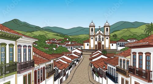 A vibrant illustration of a small town with a church and buildings in a valley surrounded by mountains.