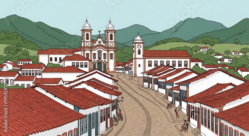 A vibrant illustration of a small town with a church and red-tiled roofs in a mountainous region