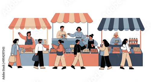 A vibrant illustration of people shopping at an outdoor market with colorful vendor stalls