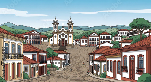 A vibrant illustration of a historic town square with a church and colonial-style buildings