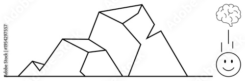 Creativity concept. Creativity through geometric mountains and a brain linking to a happy face. Creativity inspired by ideas, innovation, and abstract thinking. For education, design, mental health