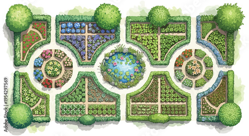 Top-Down Elegant Formal Garden Design with Pond and Boxwood Hedges