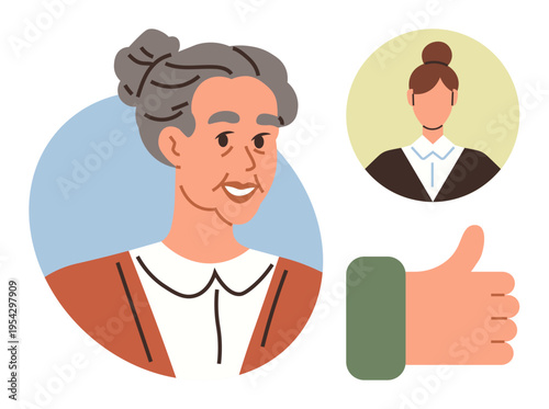 Generational bonding, mentorship, social support, role models, caregiving, appreciation. Visual of an older woman, a younger woman and a thumbs-up. Generational bonding and mentorship concept