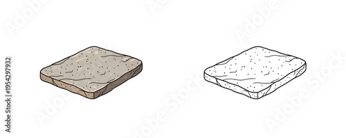 Flat square granite slab vector illustrations shown in colored cartoon and black outline linear styles, grey and beige earth tones, used for building or paving on white background
