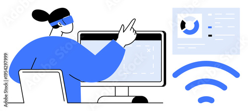 Virtual reality in technology. a person using virtual reality for interactive computing. Virtual reality applications include gaming, remote work, education, data analysis, and innovation