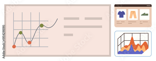 Data analytics, e-commerce trends, sales growth, performance tracking, online shopping, retail statistics. Line and area graphs with a product showcase. Data analytics and e-commerce trends concept