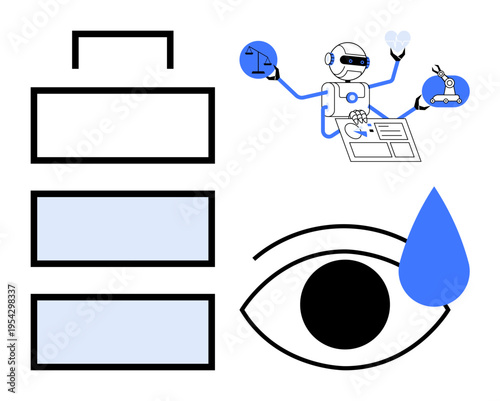 Legal AI, robotics, innovation, data science, technology, emotions. Robot balancing tasks thumbs up law and creativity, an eye with a droplet layered rectangles. Legal AI and robotics concept