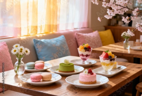 たくさんのデザートがテーブルに乗った春のカフェ