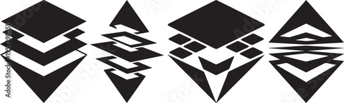 Set of four minimalist black and white layered diamond icons for abstract design.