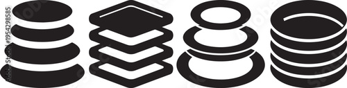 Set of minimalist black and white stacked plates and bowl icons for kitchen design.
