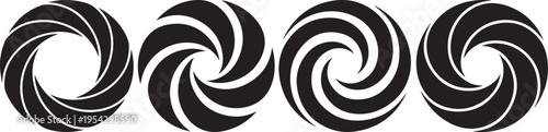 Set of four minimalist black and white circular spiral swirl icons for abstract design.