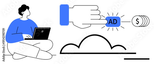 Digital marketing, online revenue, pay-per-click, advertising technology, web services, user engagement. Person using a laptop, a hand clicking ad button coins cloud icon. Digital marketing