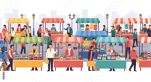 A vibrant outdoor market scene with people shopping and selling goods from colorful stalls