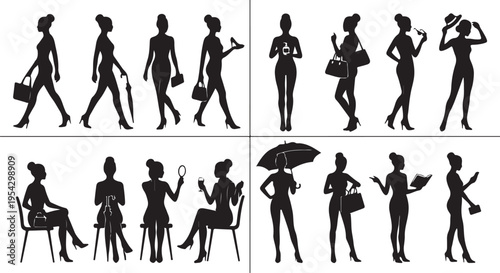 Set of Elegant Women Silhouettes in Various Lifestyle Poses Holding Fashion Accessories like Handbags, Umbrellas, and Wine Glasses.