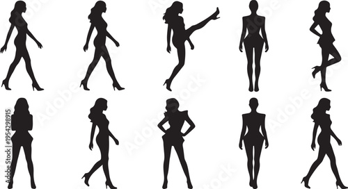 Set of female fashion silhouettes, women in various poses like walking, kicking, and runway walking. Vector silhouettes of elegant ladies, models in different positions.