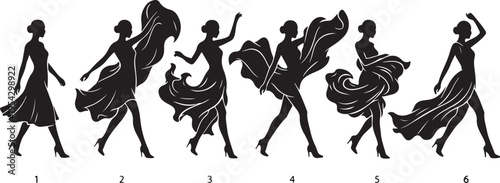 Set of Six Silhouette Fashion Models Walking on Catwalk Runway in Flowing Dresses, Numbered Poses for Design and Animation.