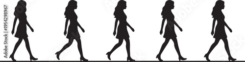 Silhouette of a woman walking in five frames of motion, gait cycle and movement sequence illustration.