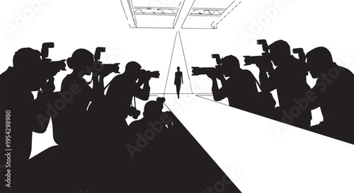 Silhouette of Photographers and Paparazzi Taking Pictures of a Model on a Fashion Runway or Catwalk Show.