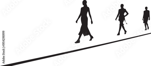 Silhouetted Models Walking on Fashion Runway, Catwalk Minimalist Black and White Haute Couture Scene.